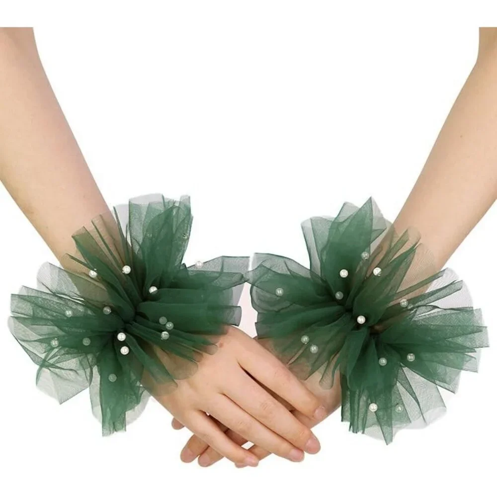Women's Fingerless Green Tulle Pearl Short Lace Gloves Hallowmas Accessory